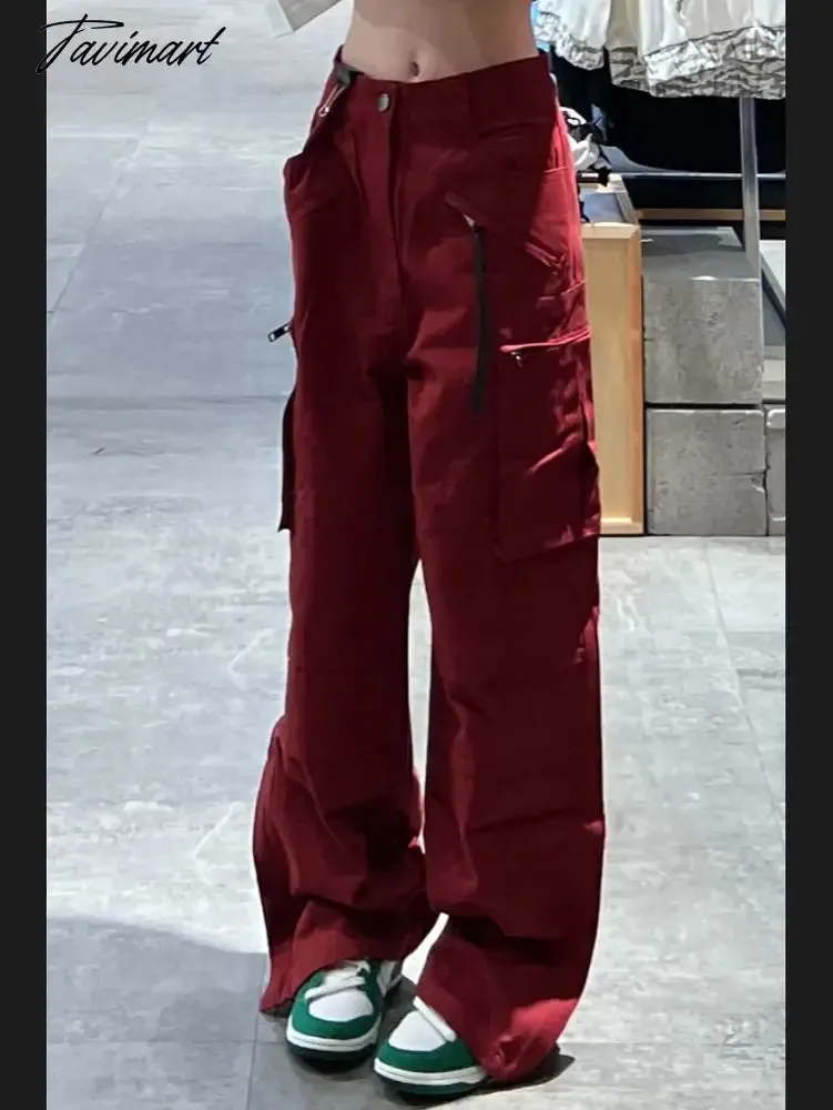 Tavimart Women Bottoms Red Vintage Baggy Cargo Pants Fashion Pocket High Waist Straight Pants High Street Wide Leg Trouser Ladies Summer