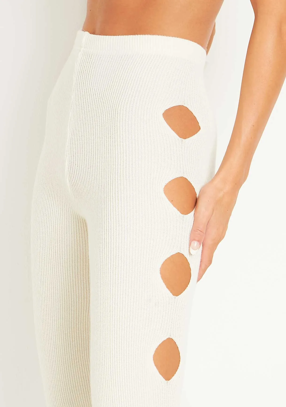 Tessa Cream Knitted Split Hem Trousers