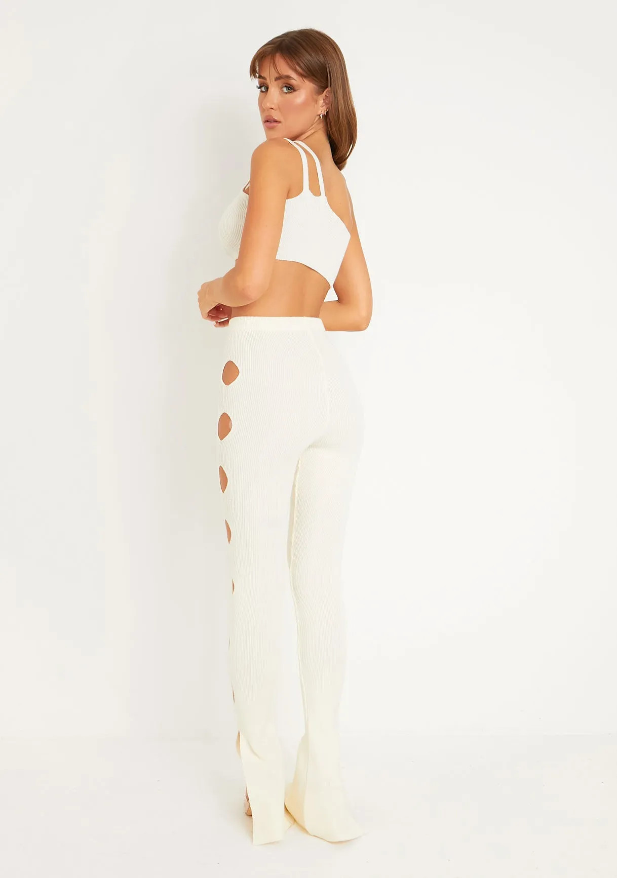 Tessa Cream Knitted Split Hem Trousers