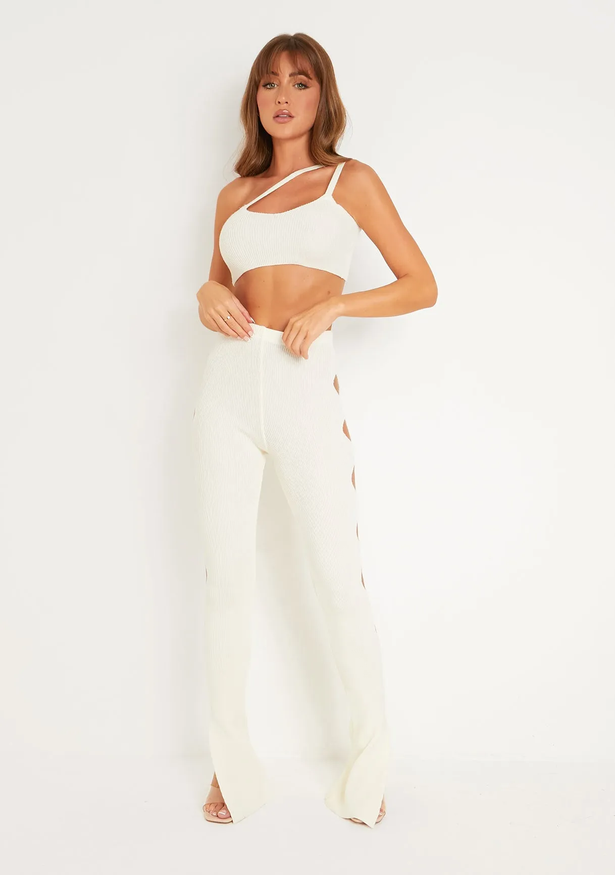 Tessa Cream Knitted Split Hem Trousers