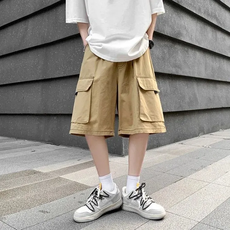 Vevesc Vintage Fashion Big Pocket Denim Cargo Shorts Y2k High Waist Straight Wide Leg  Summer New Knee-Length Pants