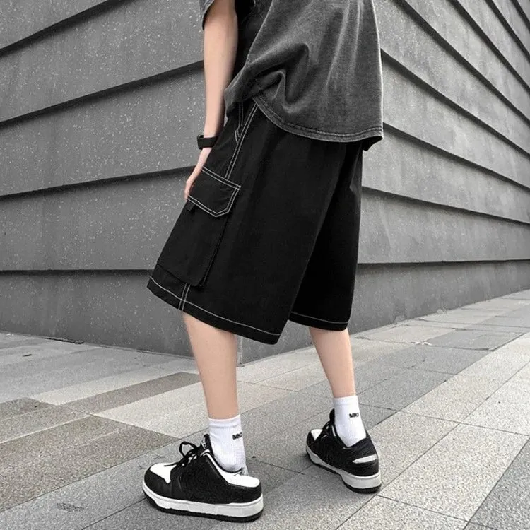 Vevesc Vintage Fashion Big Pocket Denim Cargo Shorts Y2k High Waist Straight Wide Leg  Summer New Knee-Length Pants
