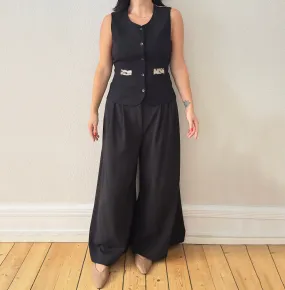 Vintage Black Wool Vest - Velvet Animal Print back - size S