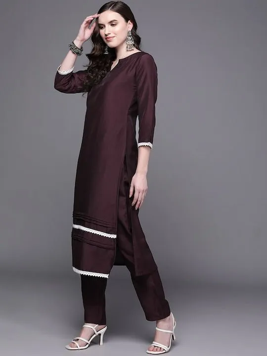 Wine-Coloured Lace Inserted Notched Neck Straight Kurta with Trousers