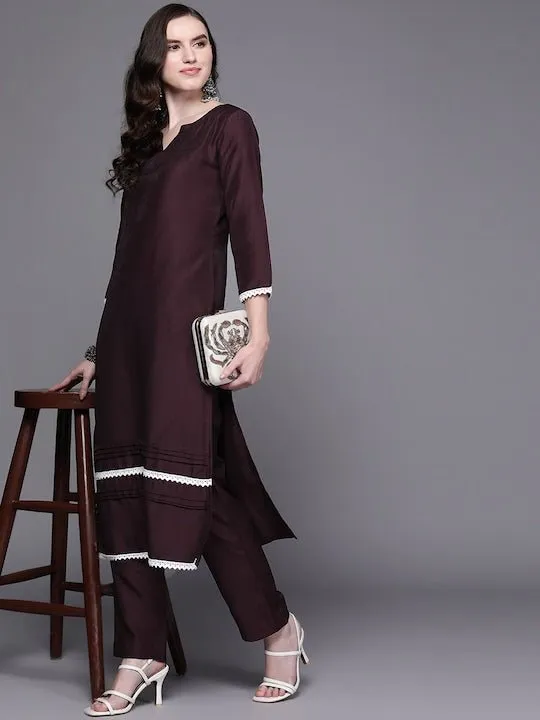 Wine-Coloured Lace Inserted Notched Neck Straight Kurta with Trousers