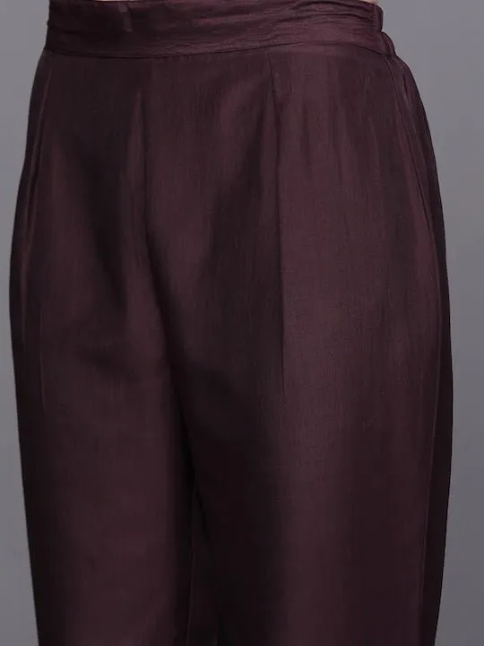 Wine-Coloured Lace Inserted Notched Neck Straight Kurta with Trousers