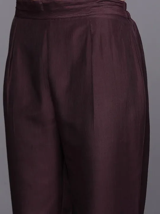 Wine-Coloured Lace Inserted Notched Neck Straight Kurta with Trousers