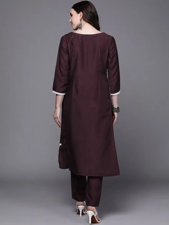 Wine-Coloured Lace Inserted Notched Neck Straight Kurta with Trousers