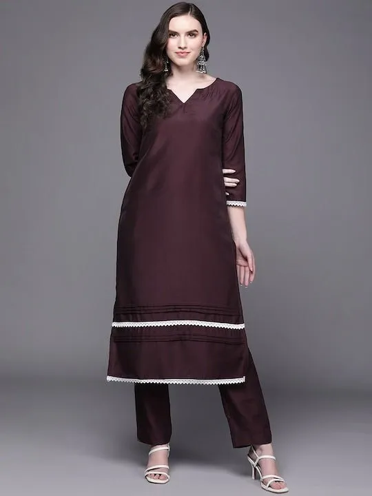 Wine-Coloured Lace Inserted Notched Neck Straight Kurta with Trousers