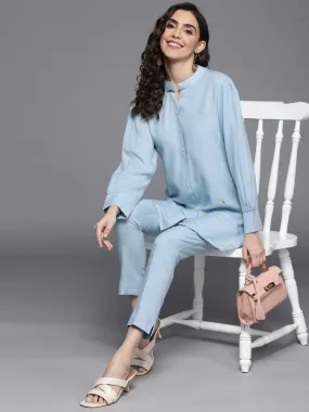 Women Blue Ethnic Motifs Embroidered Thread Work Kurta with Trousers