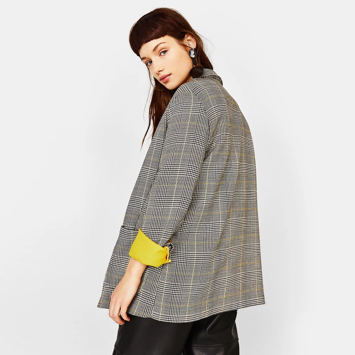 Women's Autumn Plaid Long Blazer With Yellow Lining