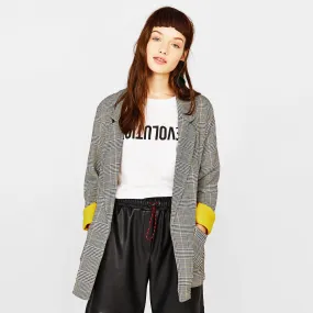 Women's Autumn Plaid Long Blazer With Yellow Lining